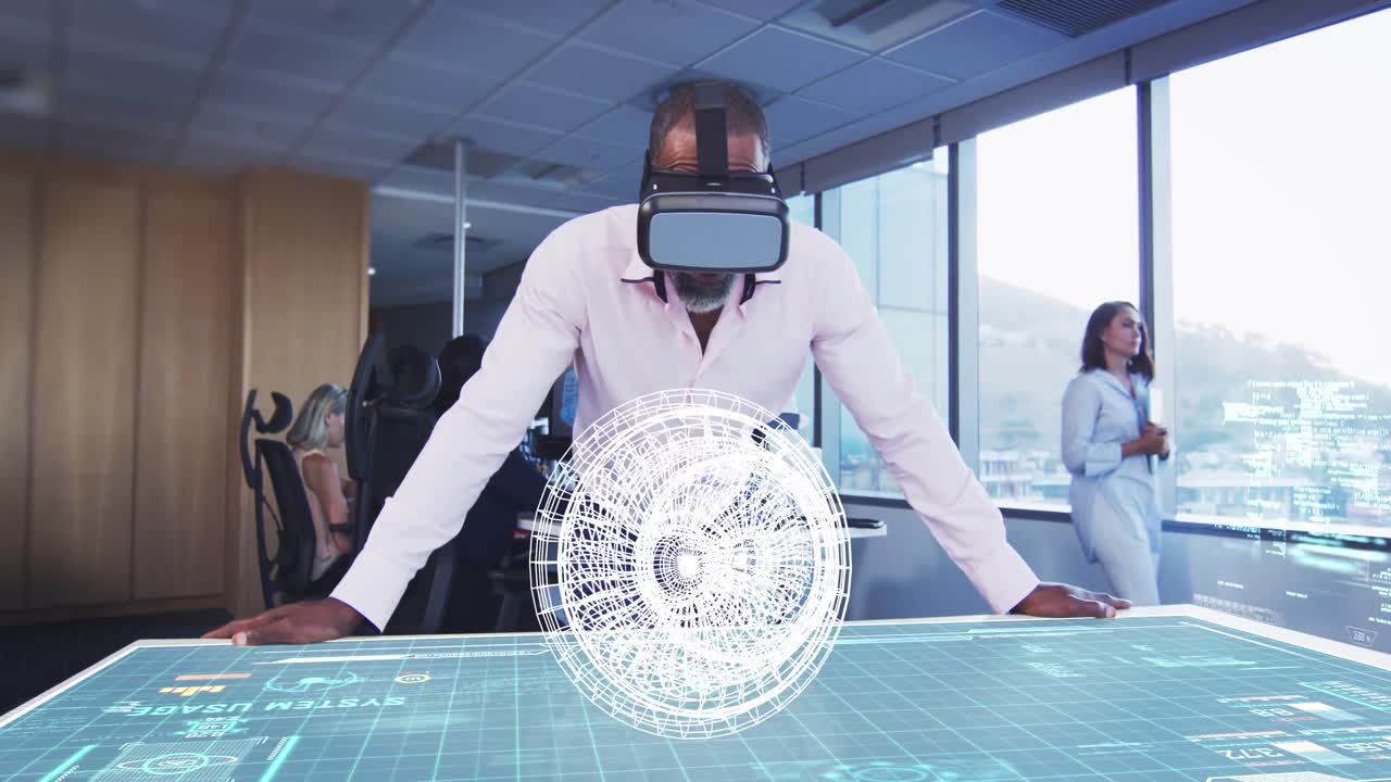 Animation of a businessman wearing a VR headset with a 3d plan on a table