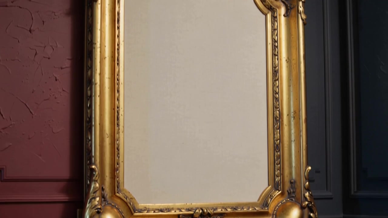 Telecamera panoramica che rivela una cornice dorata, un pannello beige vuoto in studio per mostrare dettagli intagliati