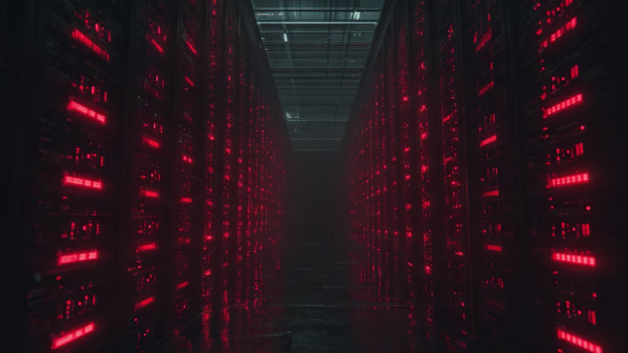 A Darkened Data Center Illuminated by Red Lights, Showcasing Rows of Servers in a Futuristic Environment with A Mysterious Ambiance and High-Tech Feel