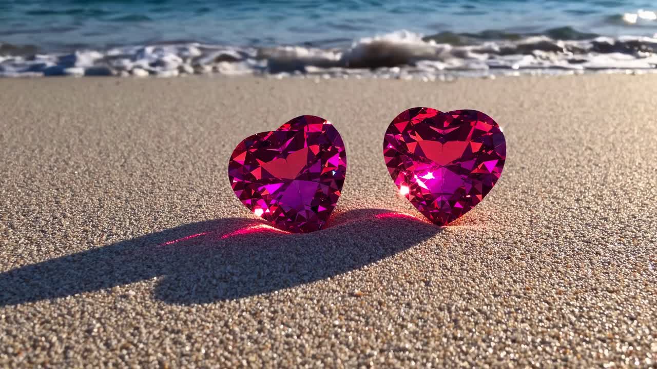 Soft ocean waves gently caressing sandy shoreline, accompanied by two sparkling pink heart shaped gemstones, embodying romantic luxury and intimate seascape beauty