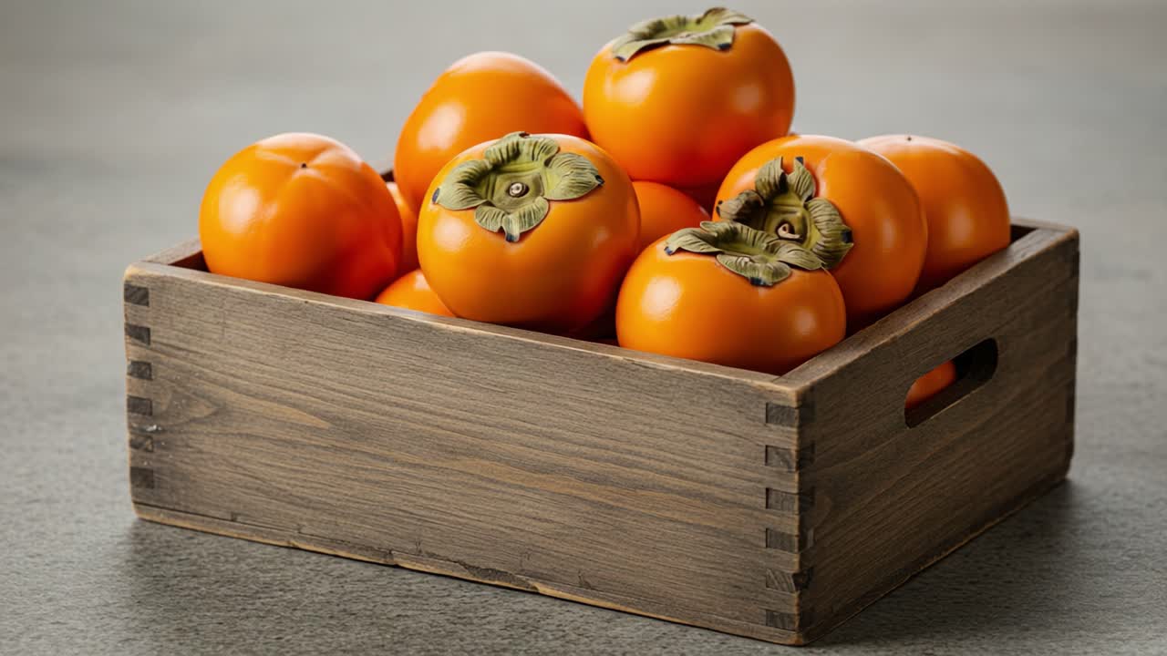A Rustic Wooden Crate Filled with Vibrant Persimmons, Showcasing Their Bright Orange Color and Unique Leafy Tops, Perfect for Seasonal Harvest Displays