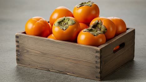 a rustic wooden crate filled with vibrant persimmons, showcasing their bright orange color and unique leafy tops, perfect for seasonal harvest displays