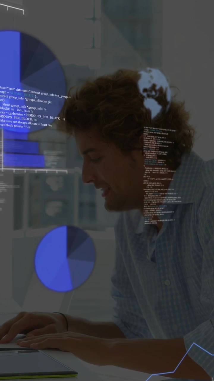 Vertical video: Office worker reaching laptop and adjusting charts and analyzing finance data