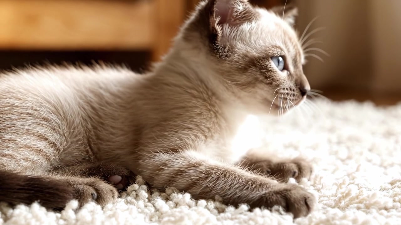Adorável gatinho siamês, cativante, brincalhão e expressivo, com olhos azuis encantadores e pelo macio, esticado em um tapete de pelúcia, irradiando charme e curiosidade