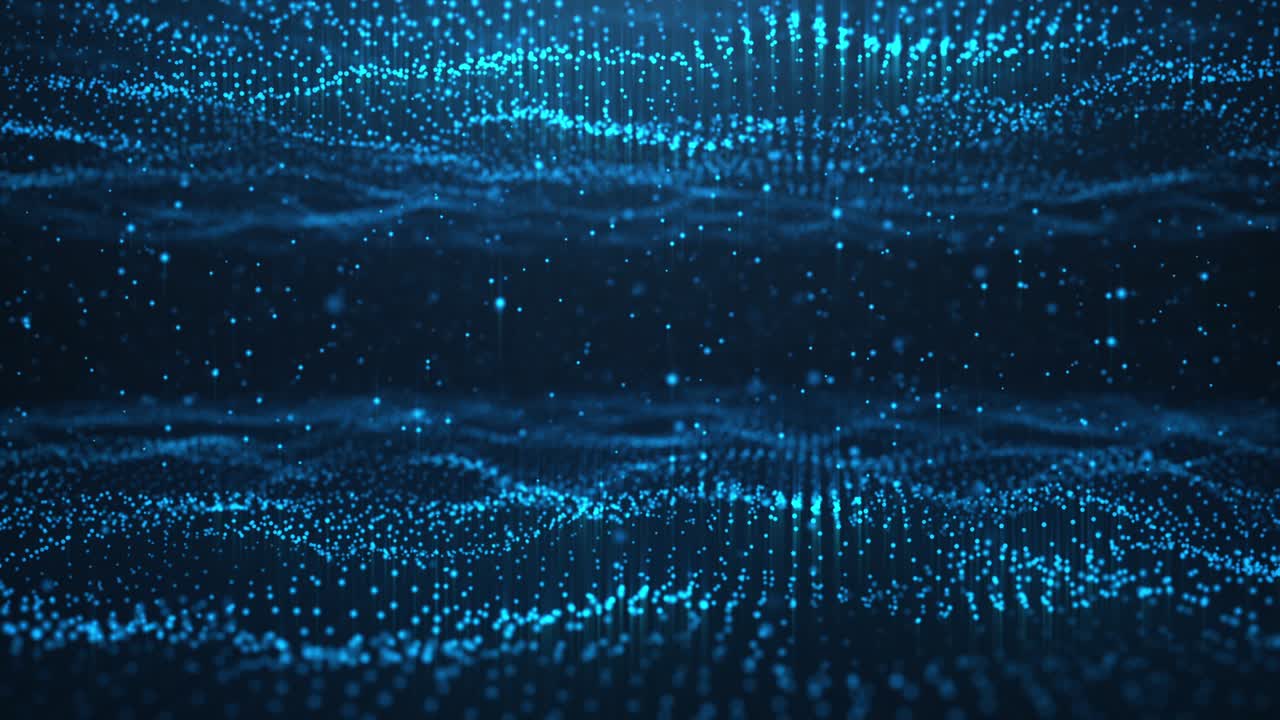 Abstract motion background of shining particles, two digital wave with sparkling blue particles. Beautiful blue floating particles with shine light. Seamless Loopable 3D. 4K