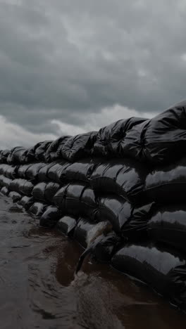 flood barrier with water flowing under cloudy sky