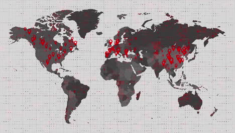 animation of the world map and countries turning red through circles in a white background