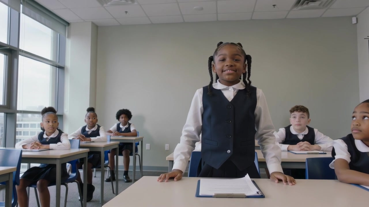 Shifting arms, center girl standing and speaking to class at school, wearing uniform with clipboard
