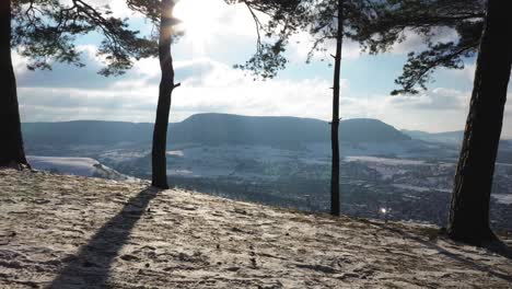 impresionante vuelo aéreo hacia atrás a través del bosque y los árboles en un increíble paisaje invernal con montañas cubiertas de nieve y sol en suabia, alemania