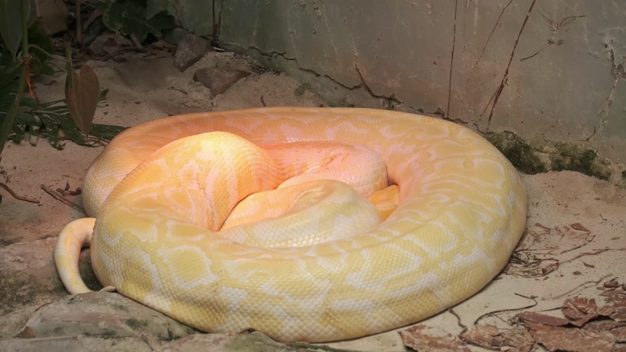 Albino python laying under a heat lamp