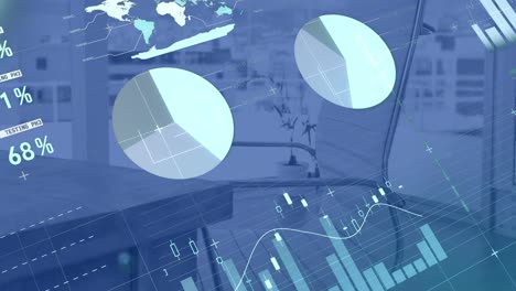 animation of statistics and financial data processing over modern office