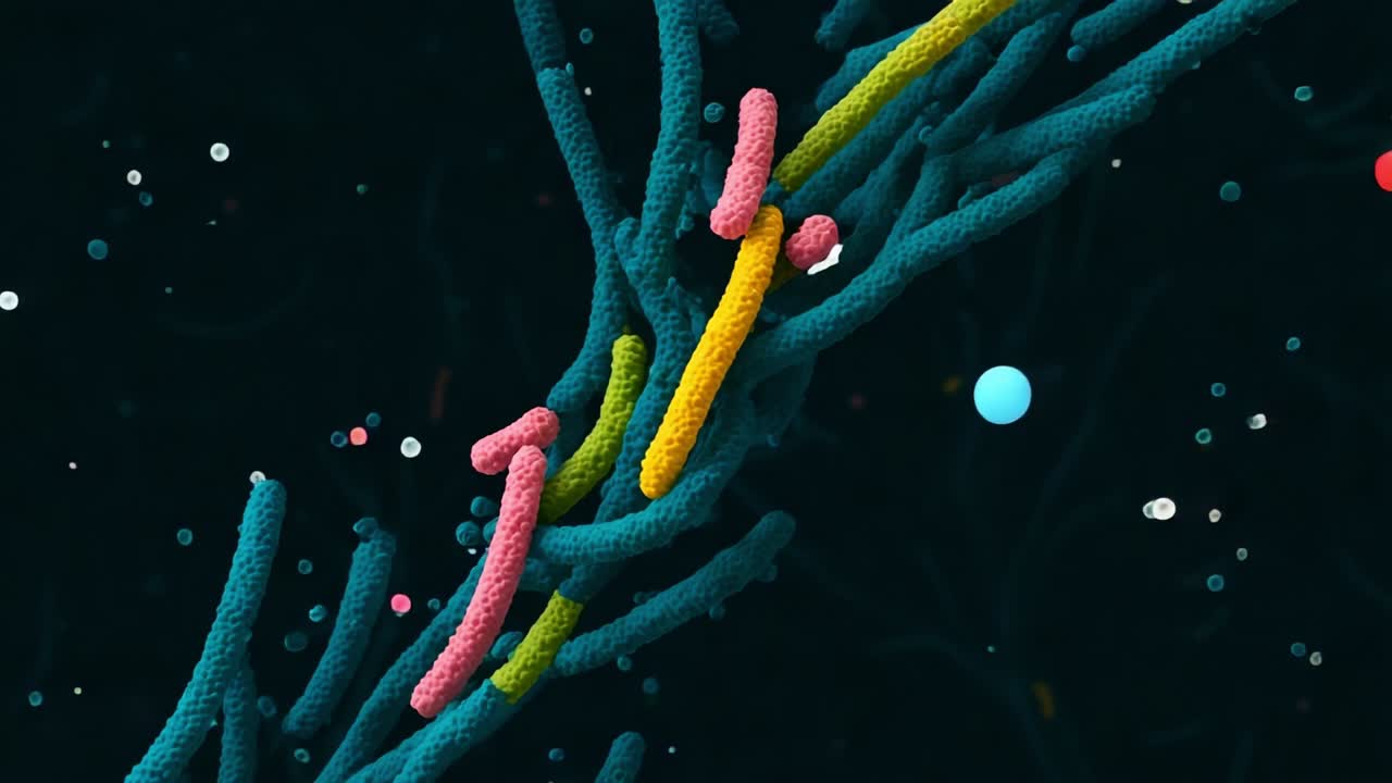 Close-up Magnified View of Colorful Bacteria in a Microscopic Environment, Showcasing Diverse Cellular Structures and Interactions in an Intricate Biological Setting
