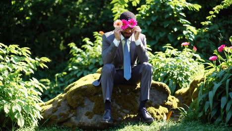 a man in a suit interacting with colorful flowers in a lush garden