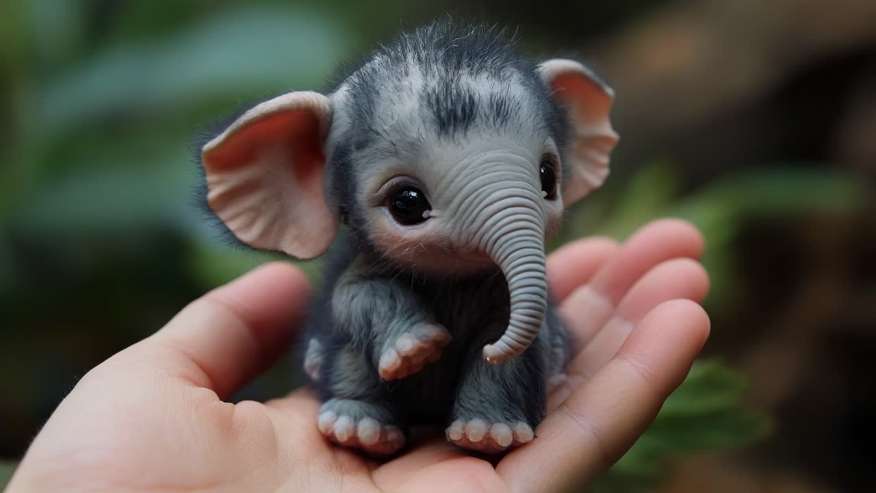A hand holding a baby elephant. The elephant is small and cute