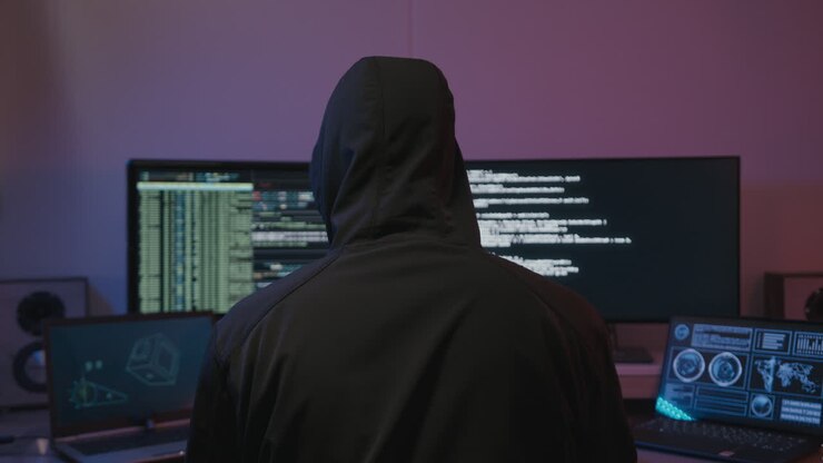 La polizia arriva per catturare un hacker anonimo con felpa marrone davanti agli schermi.