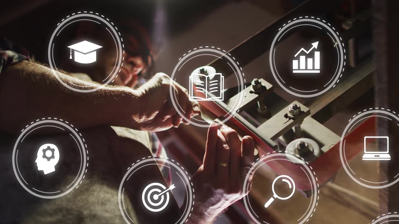 Tech tightening bolt on rail and roller for machine alignment, lamp glare causing circular UI icons