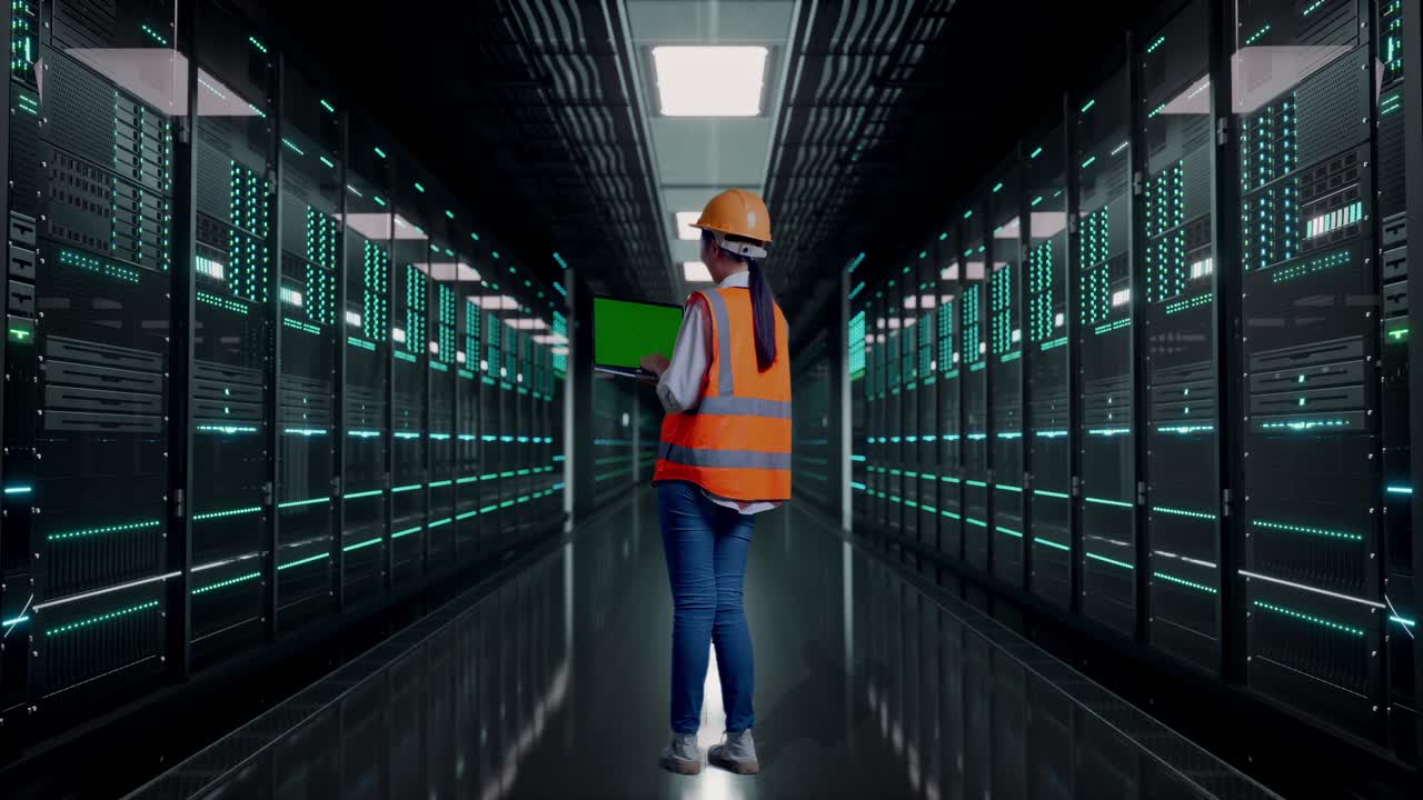 Full Body Back View Of Asian Female Engineer With Safety Helmet Working A Green Screen Laptop in Server Room Data Center