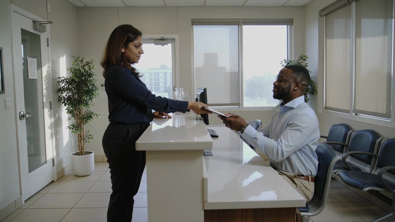 Receptionist presenting folder at desk, client reaching up and reviewing papers in business attire