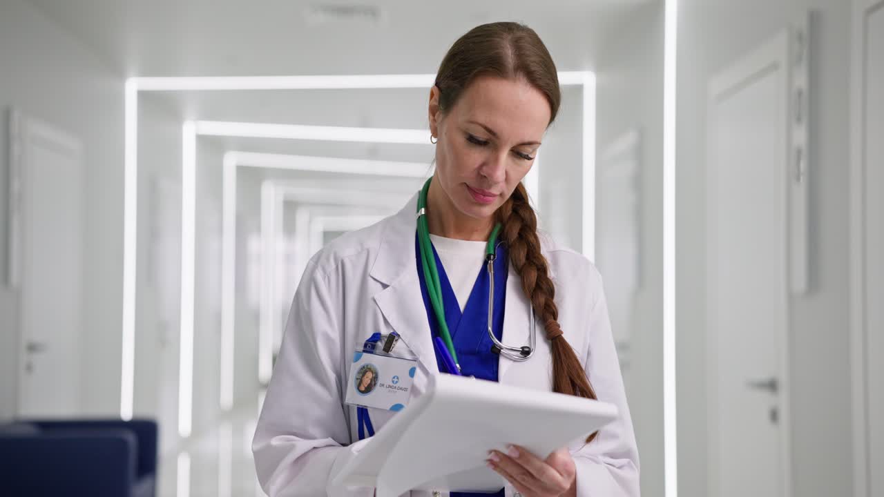 Doctor Writing Notes in Hospital Corridor