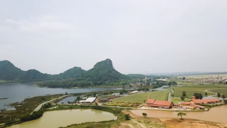 aerial view of a scenic countryside farm and lake landscape