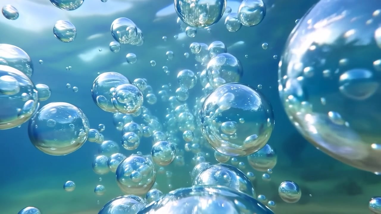 Densa colonna di bolle trasparenti sale attraverso acqua blu-verde, con sfere lucide che catturano la luce brillante dall'alto, profondità stratificata, riflessi morbidi, movimento calmo e texture luminosa e pulita