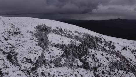 Cinematic-aerial-of-snowy-mountain-peak-with-dramatic-cloudy-sky,-dolly-in,-day