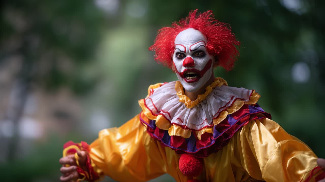Un clown terrificante con capelli rossi selvaggi e trucco minaccioso, che mostra un'espressione inquietante in mezzo a uno sfondo sfocato con un'illuminazione sinistra che crea un'atmosfera inquietante