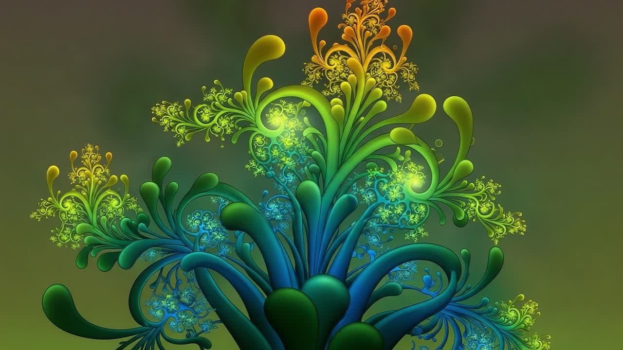 A vibrant and intricate digital artwork displaying an abstract floral pattern with swirling colors ranging from deep green to bright yellow and orange highlights