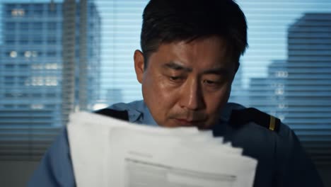 officer reviewing documents at night