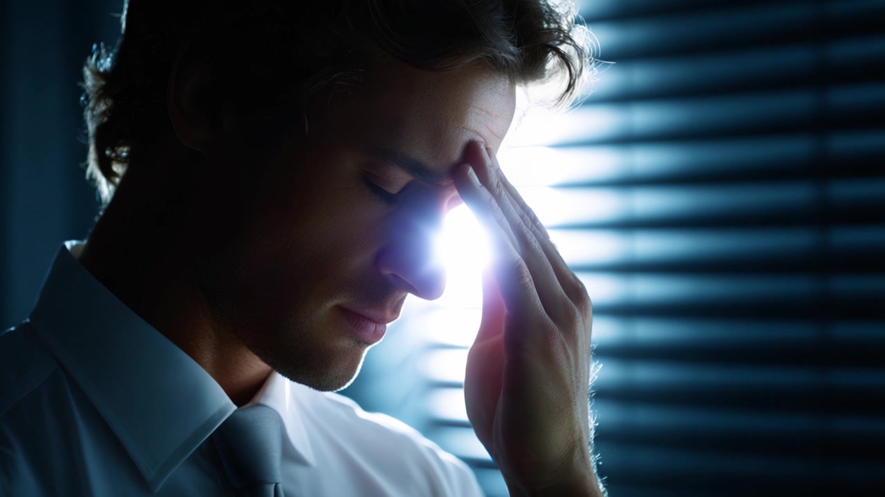 A man struggling with stress and fatigue, holding his head in a dimly lit room, illuminated by a ray of light through the blinds, showcasing intense emotions.