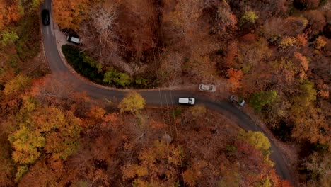 Carretera-De-Montaña-Con-Coches-Conduciendo-A-Través-De-árboles-De-Bosque-Marrón-Amarillo-En-Otoño