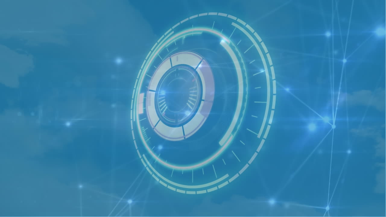 네온 둥근 스캐너와 파란색 배경에 반 ⁇ 이는 연결 네트워크의 애니메이션