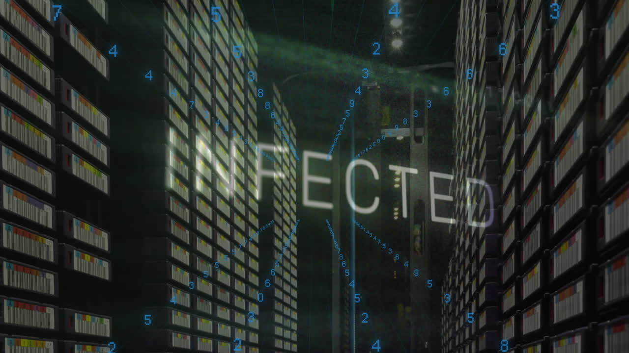 animación de texto infectado y procesamiento de datos en servidores informáticos