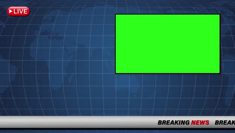 animated news template with green screen for customizable content. features live broadcast elements and global map background
