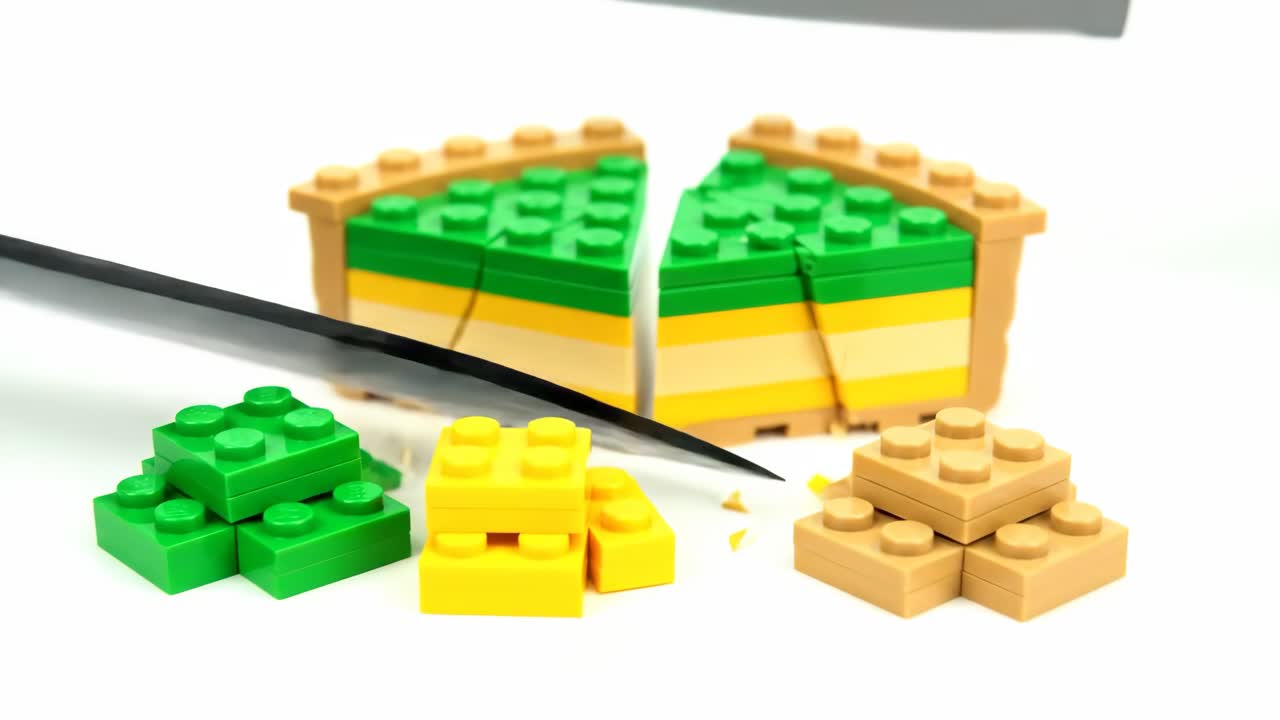 Lego cake being cut by knife