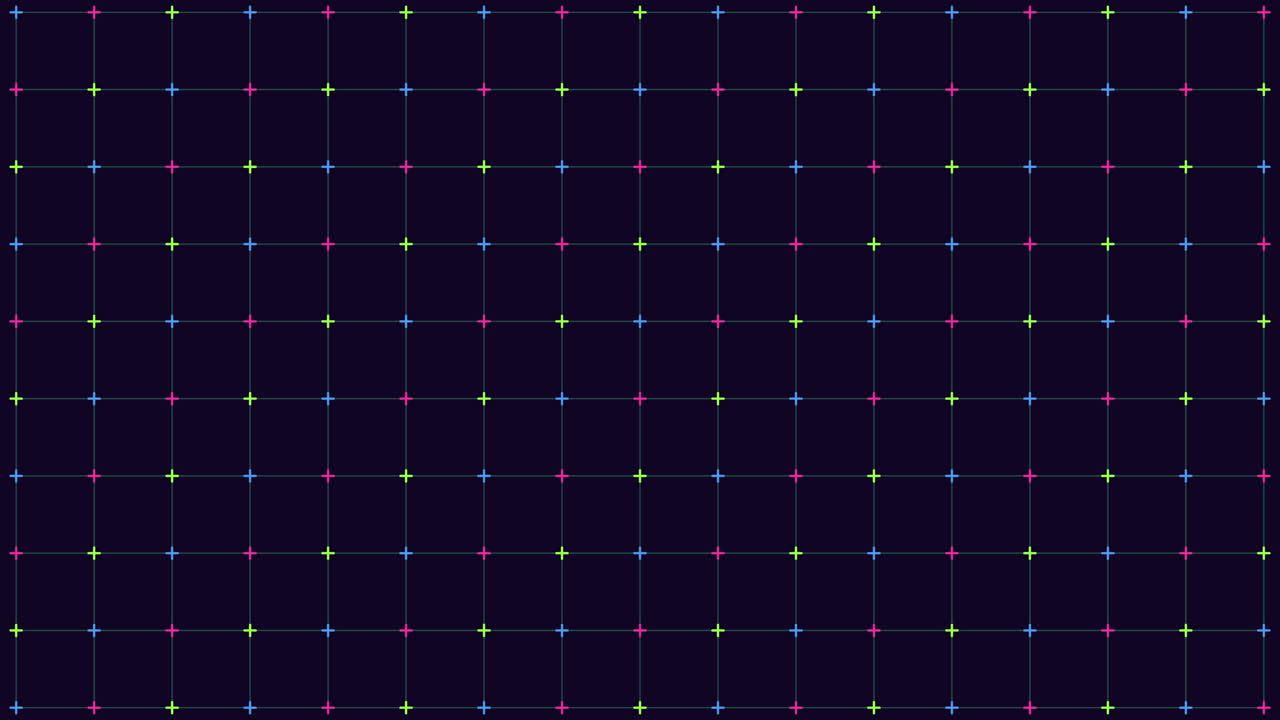 Futuristic abstract background with glowing neon grid and colorful cross markers on a dark surface, ideal for tech interfaces, HUD design, and digital backdrops