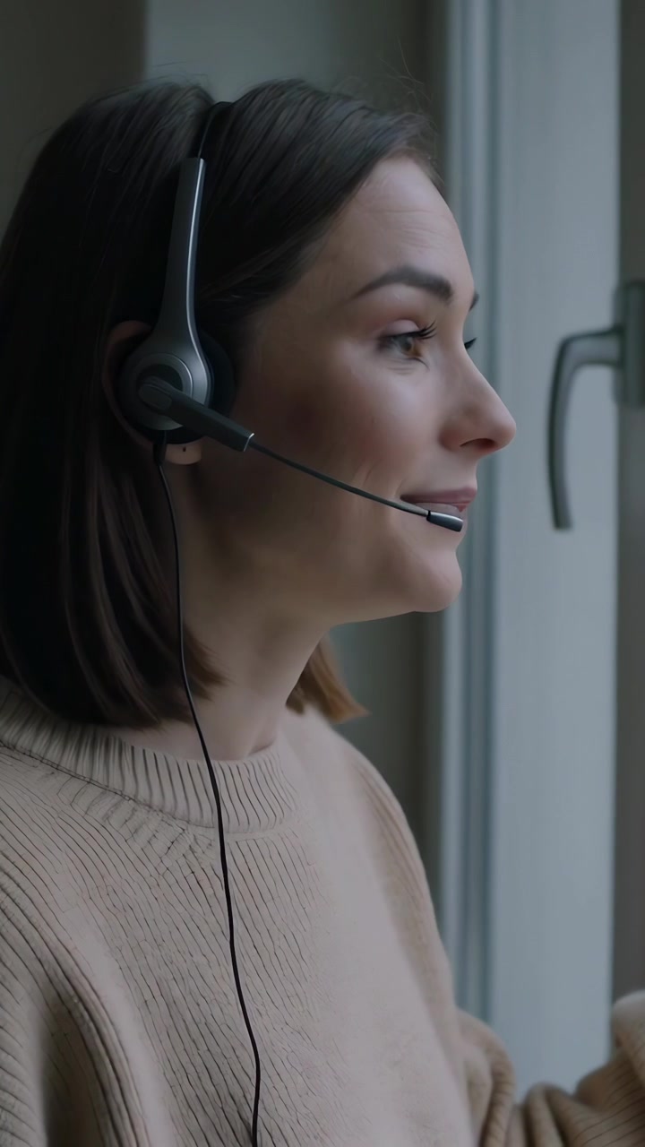 Video verticale: Donna in maglia beige che risponde a una chiamata di lavoro, parla alla finestra con microfono dell'auricolare, spazio per il testo.