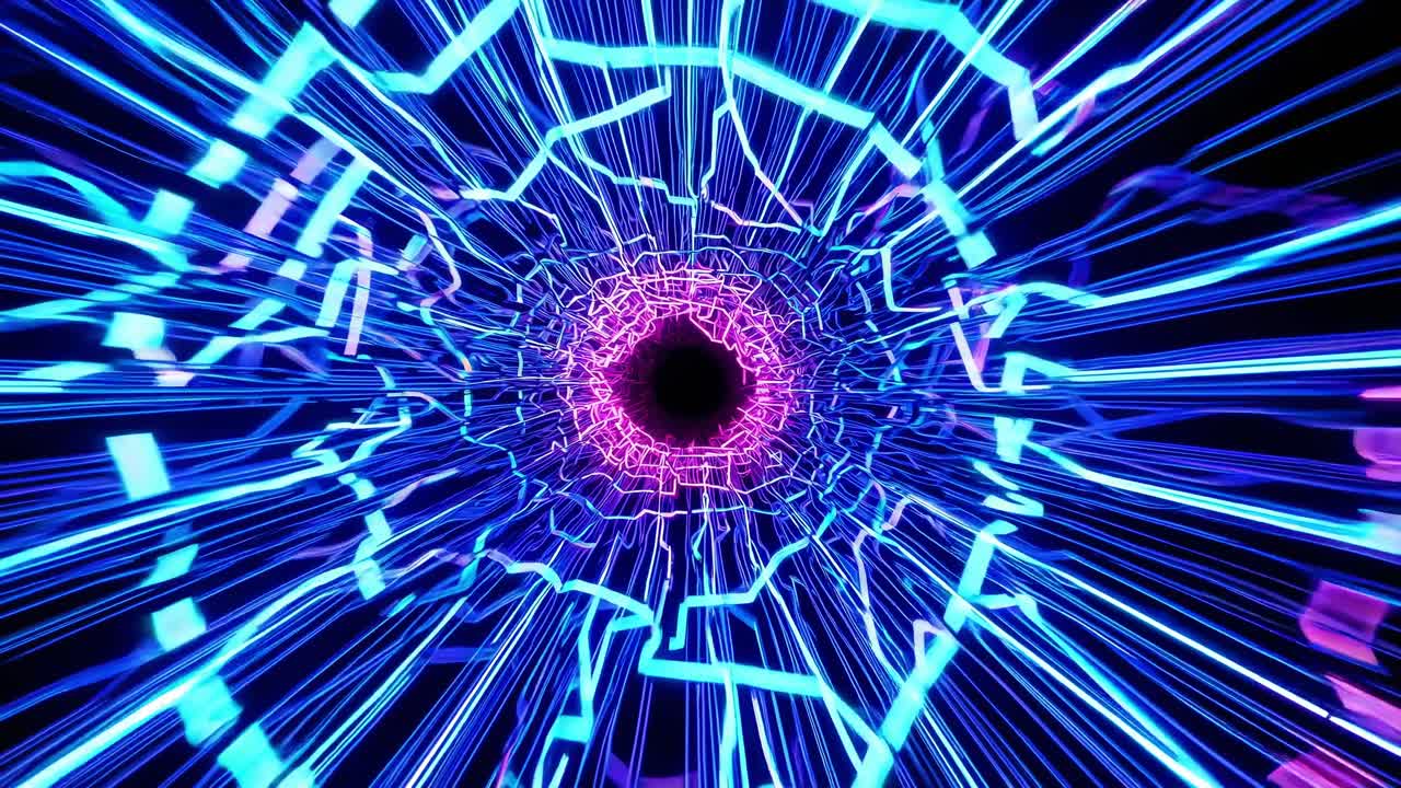 Dynamic visual sequence of vibrant blue and purple light beams radiating outward from a central point, creating an immersive tunnel effect with energetic motion flow
