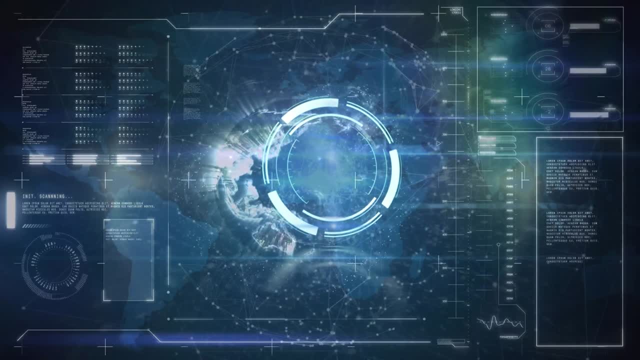 Animation of round scanner over interface with data processing against spinning globe