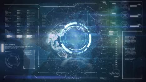 Animation-of-round-scanner-over-interface-with-data-processing-against-spinning-globe