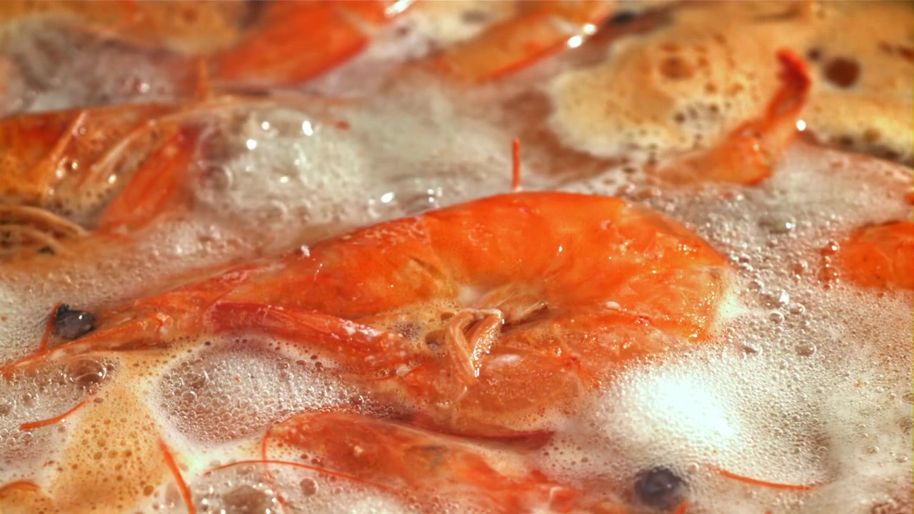 Close-up of Fresh Shrimp Boiling in Hot Water