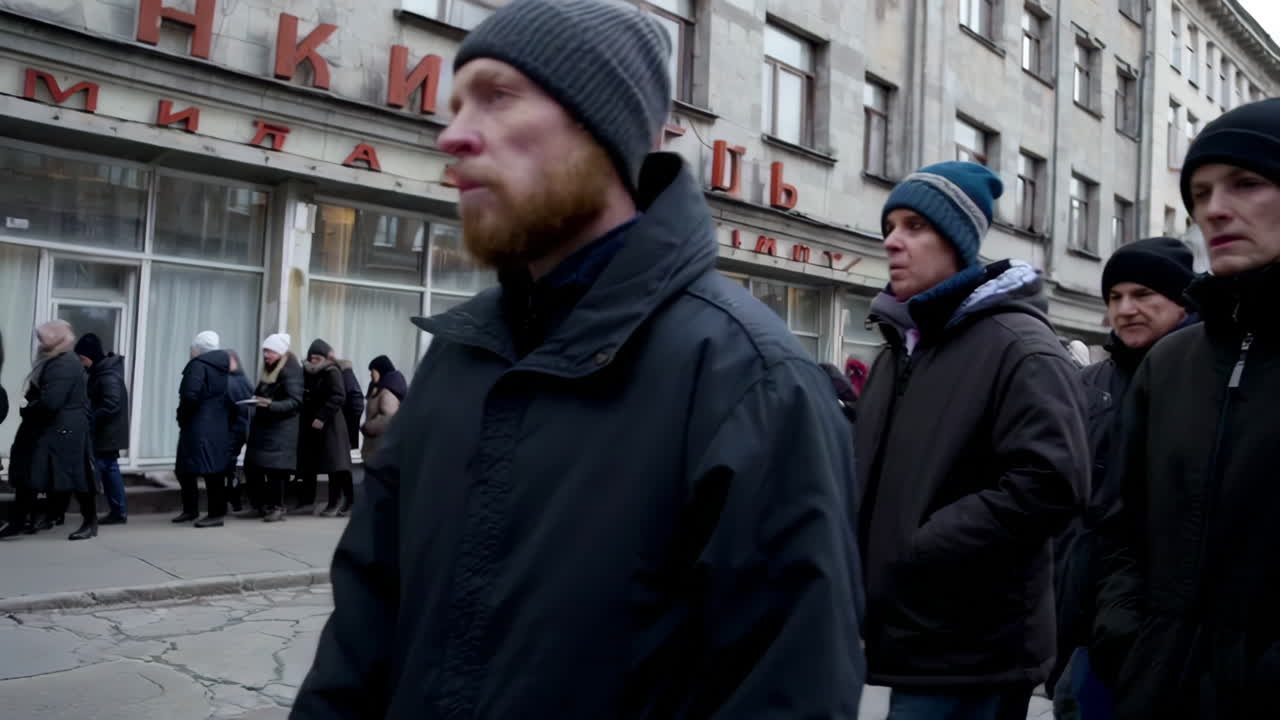 People waiting in line on a city street in winter