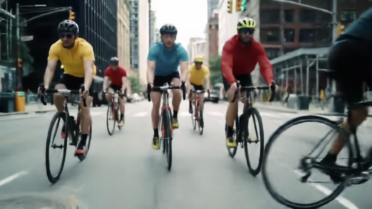 A Dynamic Group of Cyclists Riding Through the City Streets, Showcasing Their Skill and Speed in an Urban Cycling Adventure Captured in Action-Packed Frames