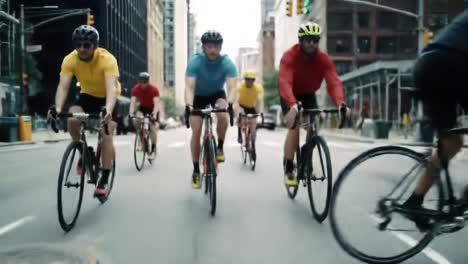 a dynamic group of cyclists riding through the city streets, showcasing their skill and speed in an urban cycling adventure captured in action-packed frames