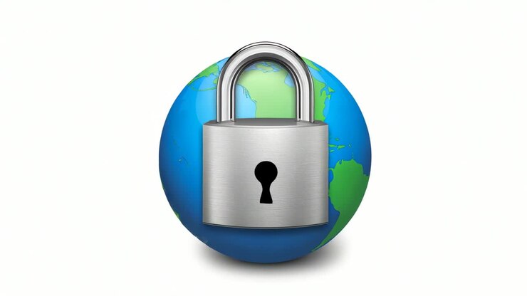 Hangslot op voorpaneel verandert in sleutelgat terwijl globe roteert op een witte achtergrond