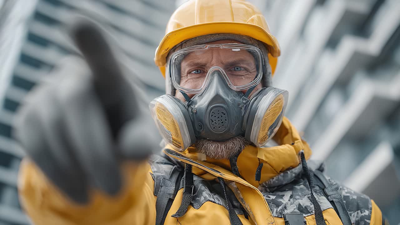 A Safety-Conscious Worker in Protective Gear Demonstrates Alertness and Focus While Pointing, Highlighting the Importance of Personal Protective Equipment in Hazardous Environments