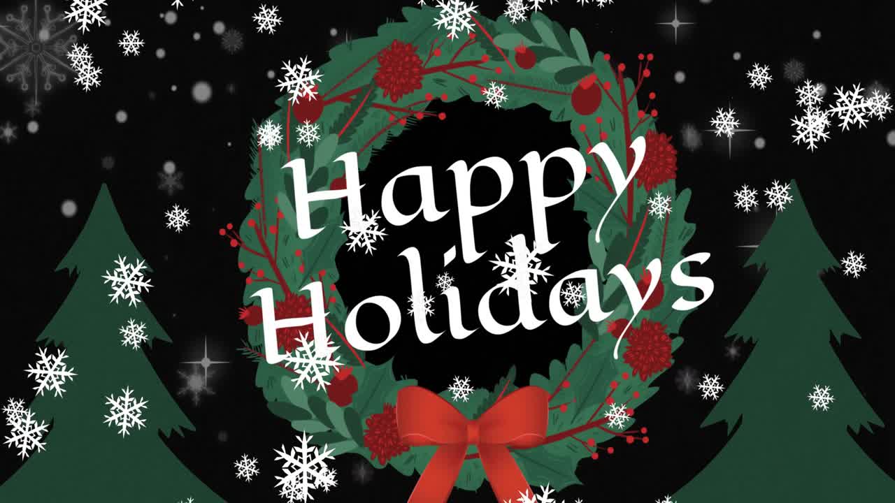 animación de felices fiestas texto sobre la corona de navidad y la nieve cayendo