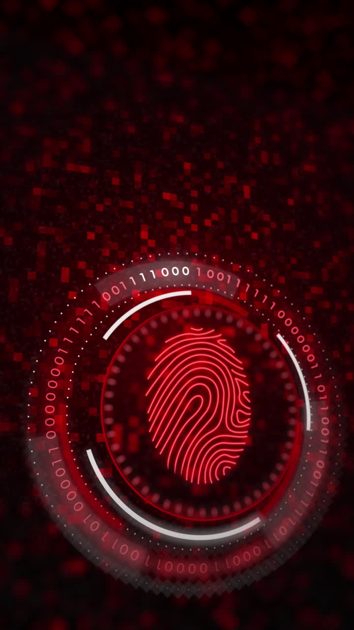 Animation of fingerprint scanner. Motion digital elements and 3D graphics with binary code. Biometric identification. Looped animation on red background. Vertical video.