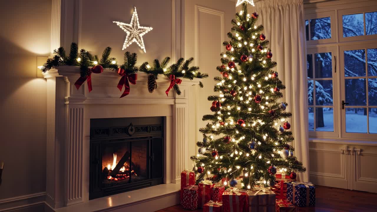Cozy Christmas living room with a decorated tree and fireplace