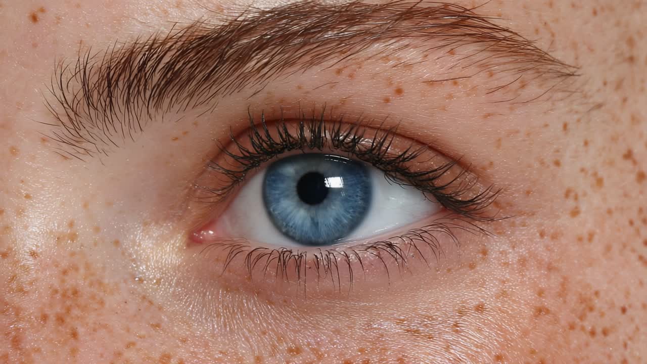 A Close-Up Examination of a Stunning Blue Eye Featuring Freckles, Capturing the Intricate Details of Eyelashes, Skin Texture, and Natural Beauty